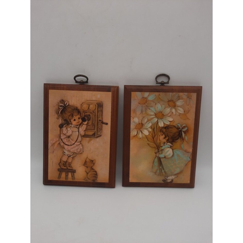 Springbok 1971 Girl-Flowers & Girl-Phone wall Plaques by Thelma Christensen Vtg